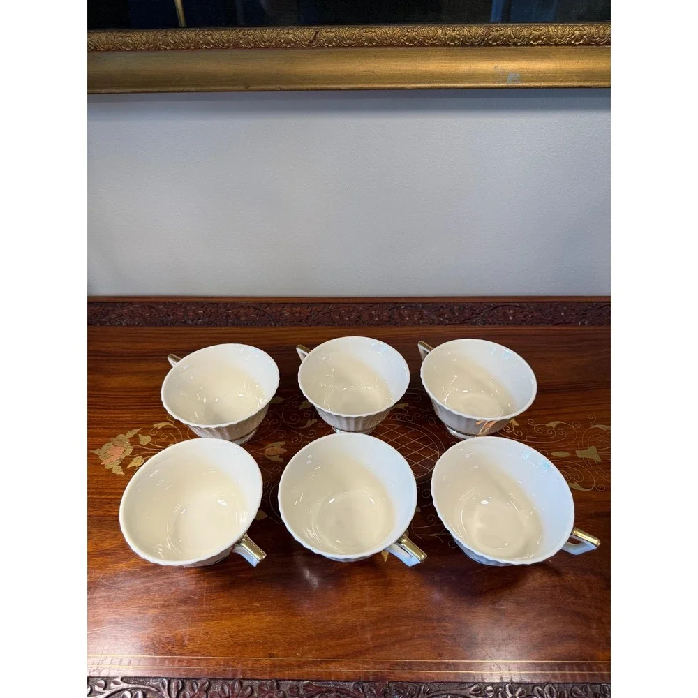 Vintage Lenox Cretan Tea Cups Set of 6 • Ivory Bone China w/ Gold Greek Key Trim